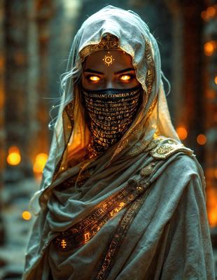 The primary subject of the image is a woman wearing a mask and a hooded robe. She is standing in front of a backdrop of a forest. The visual style of the image is a digital art, and the colors and mood are dark and mysterious.